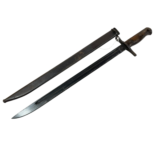 111 - Japanese? bayonet and scabbard, blade is 40cm.