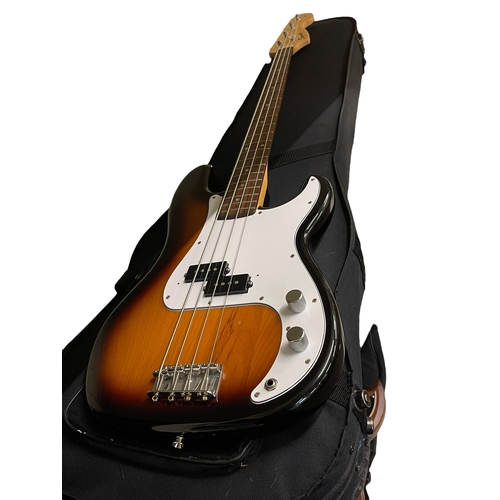 120 - Squier P-Bass by Fender in case.