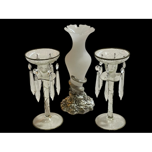 171 - Opaque glass vase with a Elkington silver plated snake design stand and a pair of glass lustres.