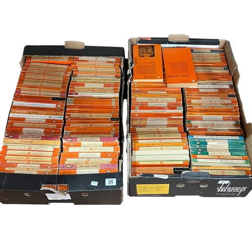 25 - Two boxes of Penguin paperback books.