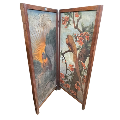 420 - Late Victorian/Edwardian two fold vanity screen having canvas panels painted with exotic birds, 132c... 