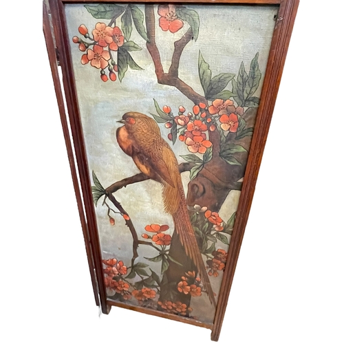 420 - Late Victorian/Edwardian two fold vanity screen having canvas panels painted with exotic birds, 132c... 