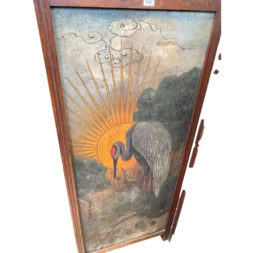 420 - Late Victorian/Edwardian two fold vanity screen having canvas panels painted with exotic birds, 132c... 