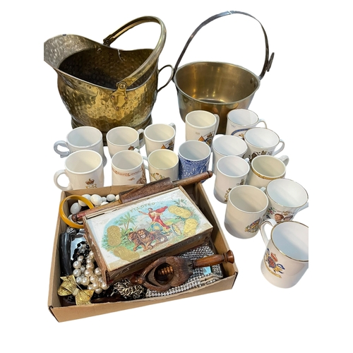 66 - Brass jam pan, brass coal helmet, commemorative mugs, chess pieces, costume jewellery, etc.