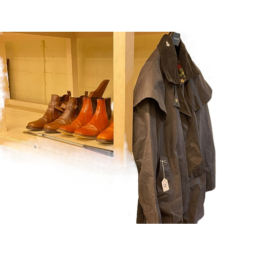 75 - Barbour wax jacket and three pairs of riding boots.