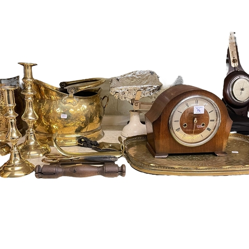 76 - Collection of Brassware including three pairs of candlesticks, two coal helmets and log box, oak man... 