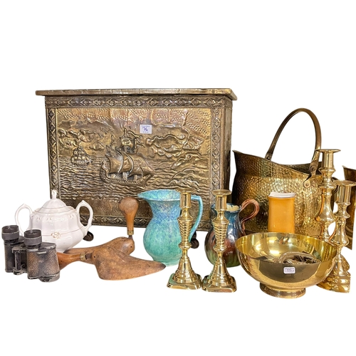 76 - Collection of Brassware including three pairs of candlesticks, two coal helmets and log box, oak man... 