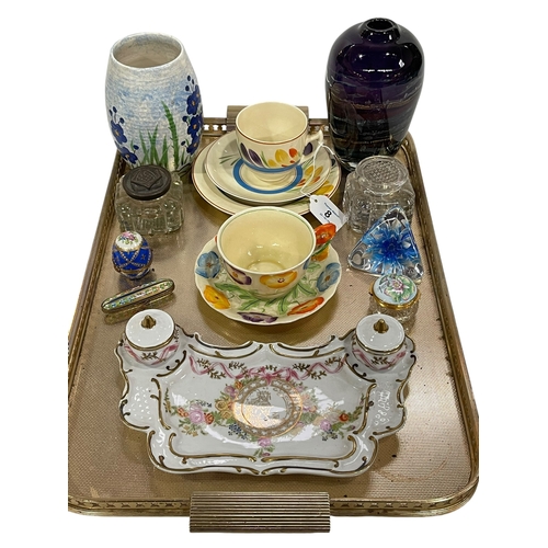 8 - Tray lot with signed art glass vase, inkwells, tiny Limoges boxes, Continental inkstand, hand painte... 