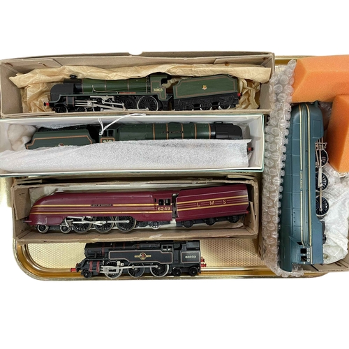 13 - Five model steam locomotives (four with tenders), some boxes.