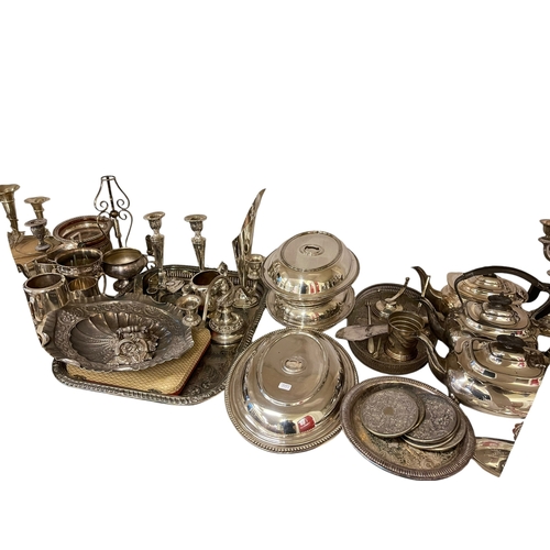 112 - Collection of silver plated wares including teapots, trays, tureens, etc.