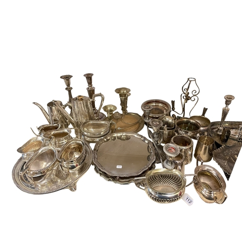 112 - Collection of silver plated wares including teapots, trays, tureens, etc.