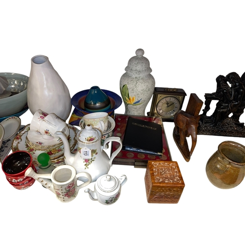 113 - Collection of bronzed sculptures, figurines, decorative porcelain, table lamp, etc.