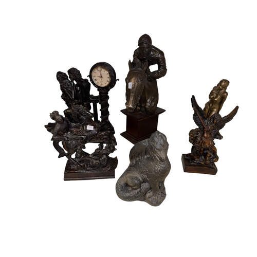 113 - Collection of bronzed sculptures, figurines, decorative porcelain, table lamp, etc.