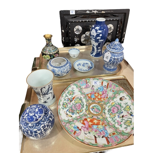 15 - Two trays of Chinese and Oriental ceramics including prunus vase, Cantonese dish, jade plaque, eboni... 