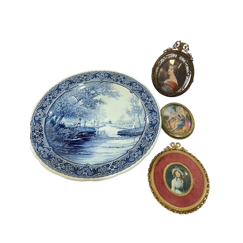 152 - Blue and white Delft plate and three framed miniatures.