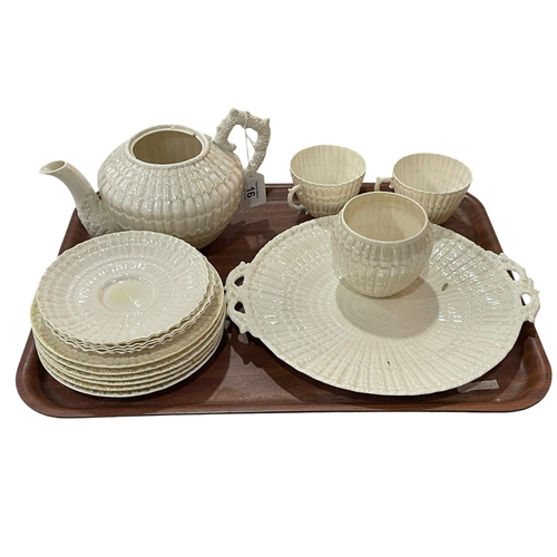 16 - Belleek part tea set with black mark to base.