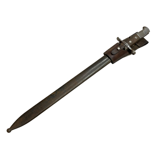 174 - Bayonet and scabbard 'H. S. 63393', blade is 48cm. Leather handle reads O' Ritter Uster 86'.