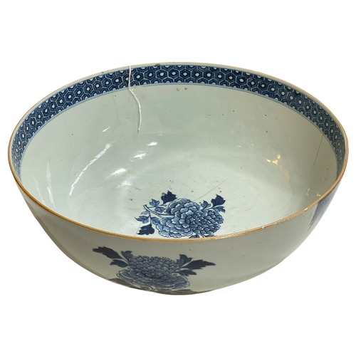 193 - Antique Chinese porcelain bowl with blue and white floral decoration, 32cm diameter.