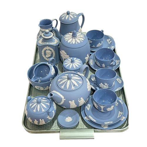 2 - Wedgwood Blue Jasper including tea and coffee pots, biscuit barrel, cups and saucers, tea canister, ... 