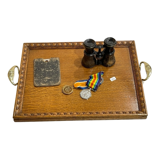 211 - Oak two handled tray, Le Jockey Club Paris binoculars and two WWI medals for Private JC Spence K.O.Y... 