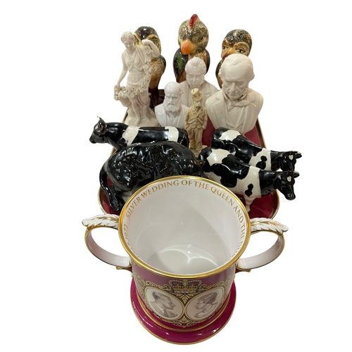 22 - Spode silver wedding tankard, three Martin brothers style bird jars, three Parian busts and figure, ... 