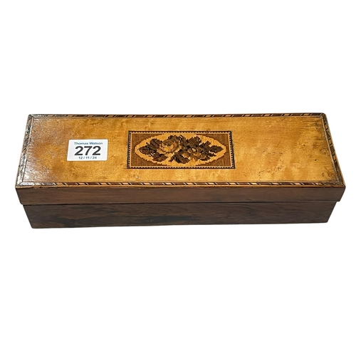 272 - Tunbridge Ware pen box with inkwell, pin and letter knife, 25cm wide.