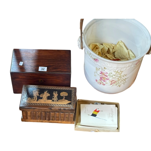 32 - Rosewood tea caddy, olive wood box, Victorian slop pail and fourteen vintage postcards.