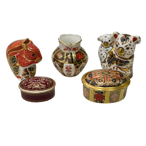 339 - Collection of Royal Crown Derby including Squirrel and Koala paperweights, Imari vase and trinket bo... 