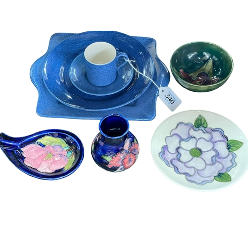 340 - Walter Moorcroft Hibiscus on blue ground ashtray and Lilac on ivory ground plate, Moorcroft Pottery ... 