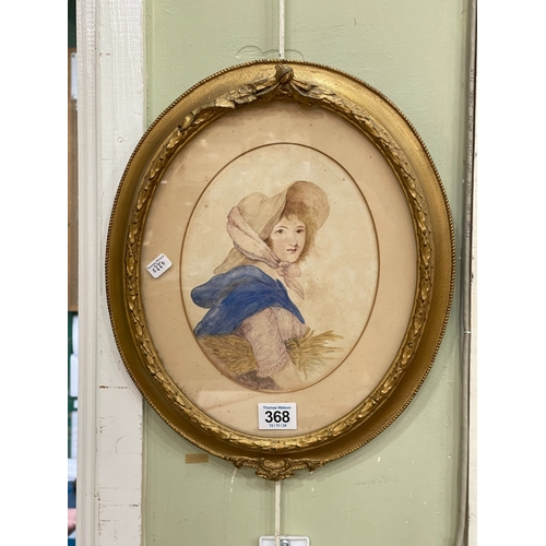 368 - 19th Century oval gilt framed portrait watercolour of a Lady Carrying a Bundle of Wheat.