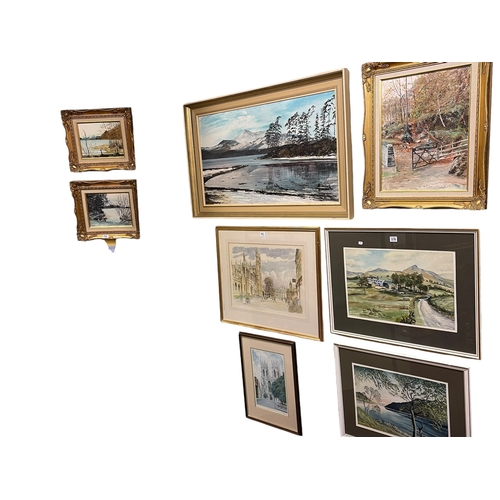 376 - Collection of eight various paintings and prints including June Boase, two framed landscape watercol... 