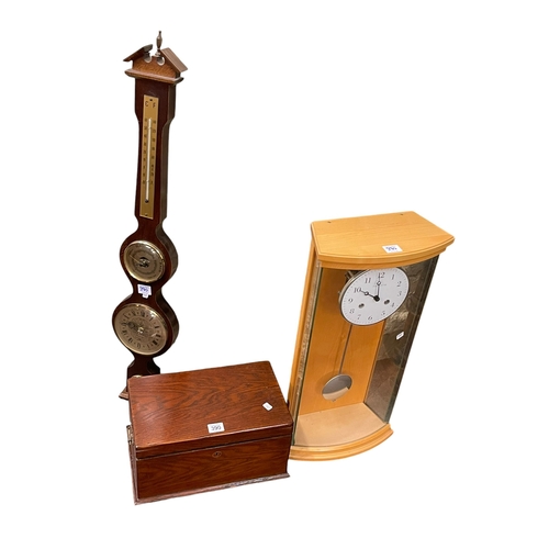 390 - Oak fitted box, beech finish wall clock and clock-barometer (3).