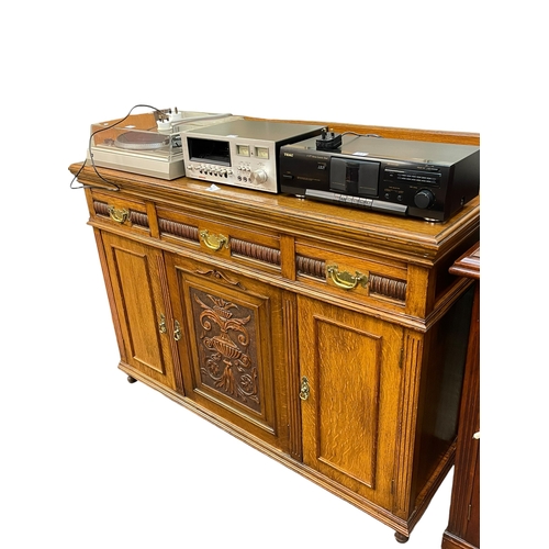 391 - Late Victorian carved oak three door sideboard, 109cm by 137cm by 51cm, oak extending dining table a... 