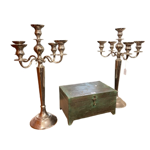 399 - X-framed dressing stool, fitted box, pair four branch candelabra and three signs (7).