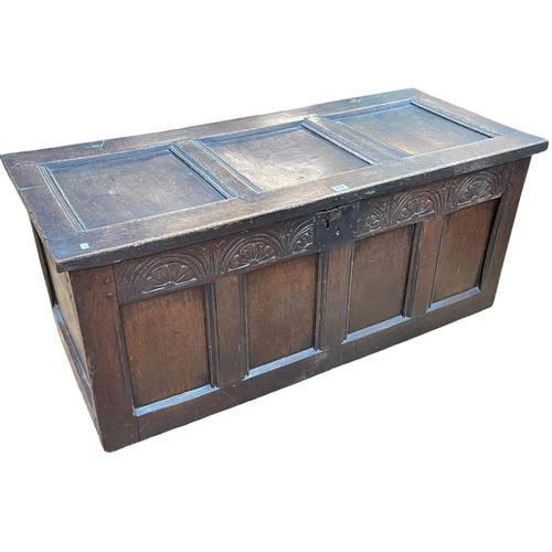 417 - Antique jointed oak four panel front coffer, 54cm by 118cm by 51cm.