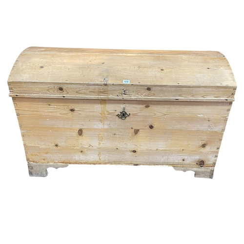 420 - Stripped pine sarcophagus shaped trunk, 72cm by 111cm by 59cm.