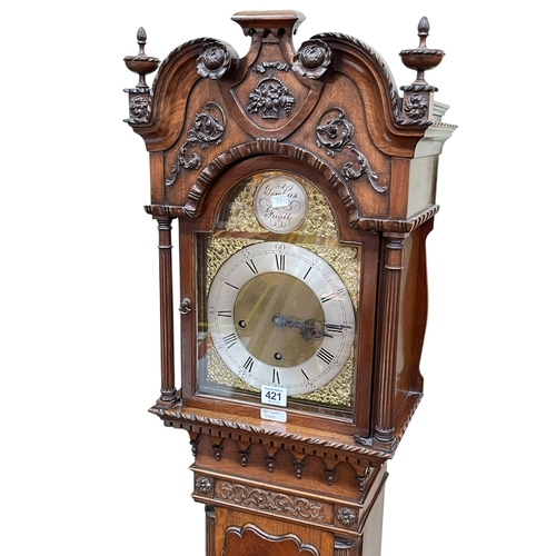 421 - Carved mahogany ¼ chiming grandmother clock, 173cm.