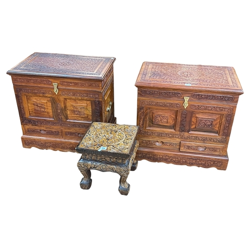 424 - Pair carved Indian hardwood two drawer storage chests with internal baize lined trays, 58cm by 61cm ... 