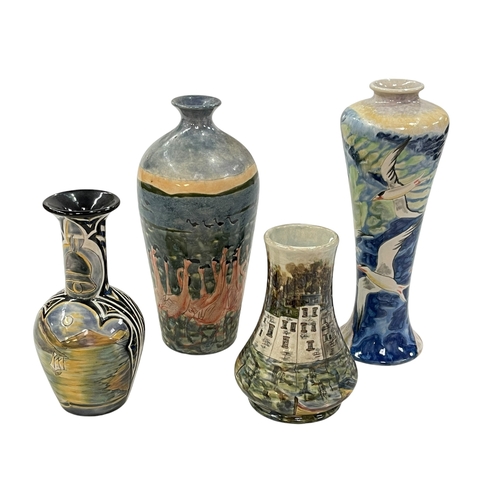 43 - Four Cobridge vases, Pink Flamingo, Avian Traveller, Harbour Bell and Meragissey signed S Johnson.