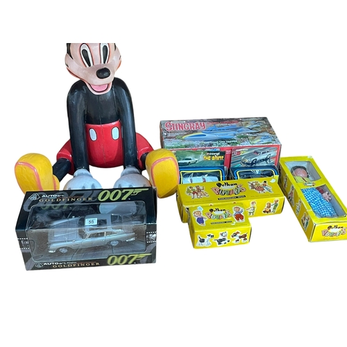 55 - Three Pelham Puppets, Stingray Action Submarine, Mickey Mouse figure, two James Bond Aston Martins a... 