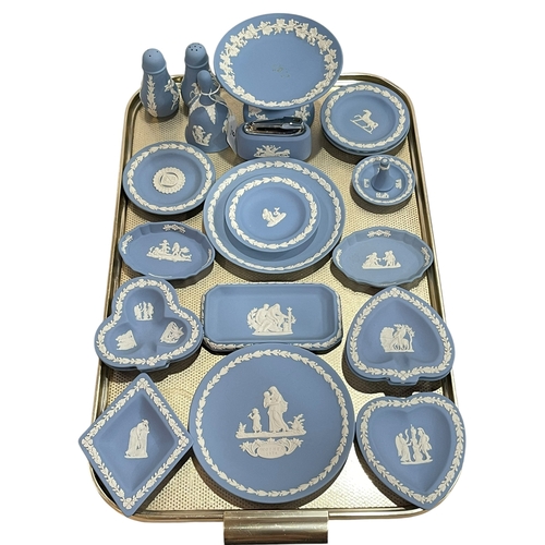 9 - Collection of Wedgwood Blue Jasper pin dishes, tazza, lighter, bell, etc.