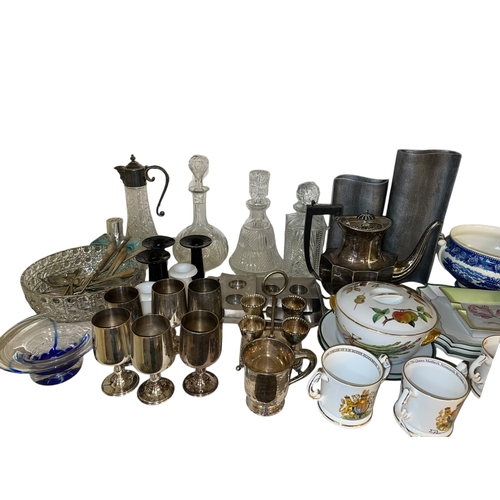 93 - Collection of metalwares, decanters, commemorative wares, etc.