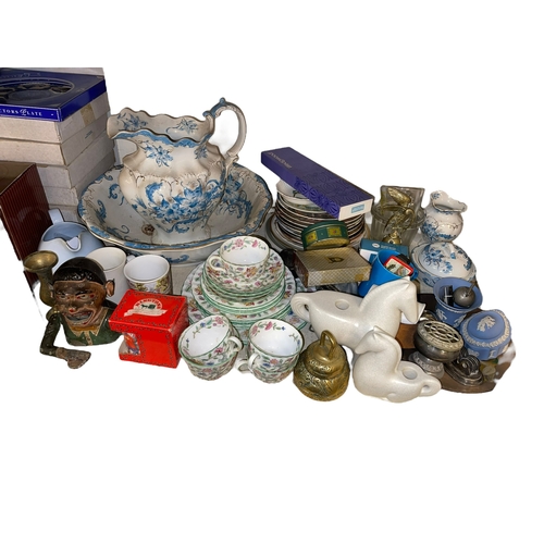 96 - Large collection of decorative porcelain including Minton Haddon Hall, Wedgwood, wood wares, records... 