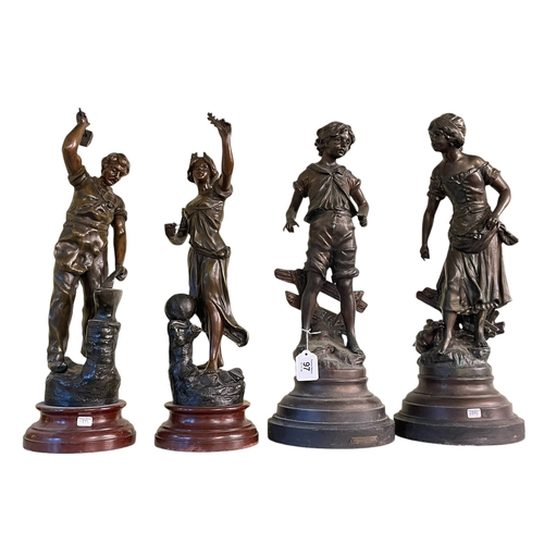 97 - Four spelter sculptures including Blacksmith, La Science, Village Boy and Girl.