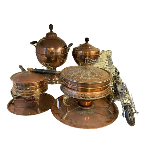 99 - Two copper and brass samovars, two copper lidded chafing dishes etc.