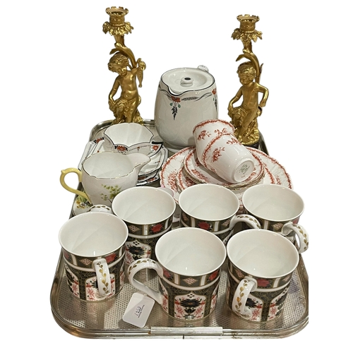 10 - Tray lot with Shelley china, Imari mugs and heavy gilt cherub candlesticks.