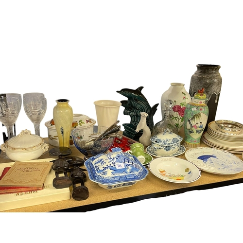 115 - Silver plate four branch epergne, figurines, costume jewellery, glass candlesticks, etc.