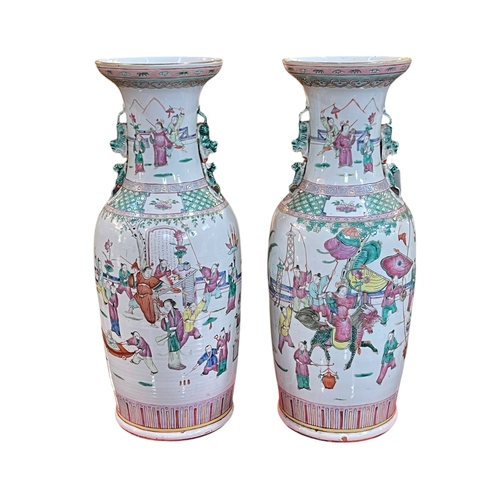 166 - Pair large antique Chinese famille rose vases with continuous figure decoration (one with historic r... 