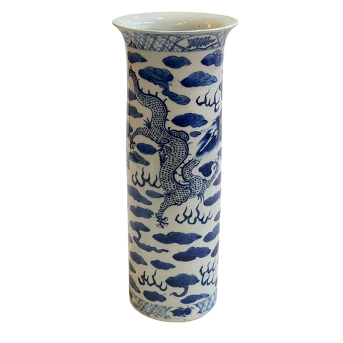 172 - Chinese blue and white sleeve vase with dragon and cloud decoration, character marks to base, 36cm.