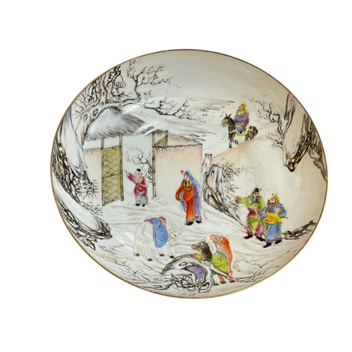 180 - Chinese saucer dish with figures and horses in outdoor scene, blue seal mark, 17.5cm.